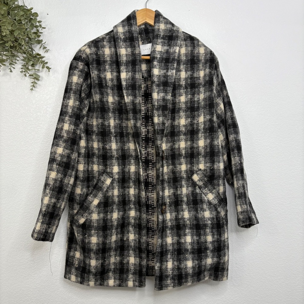Lush Black Plaid Wool Blend Jacket Coat‎ Gold Threaded Longline Women's Size S